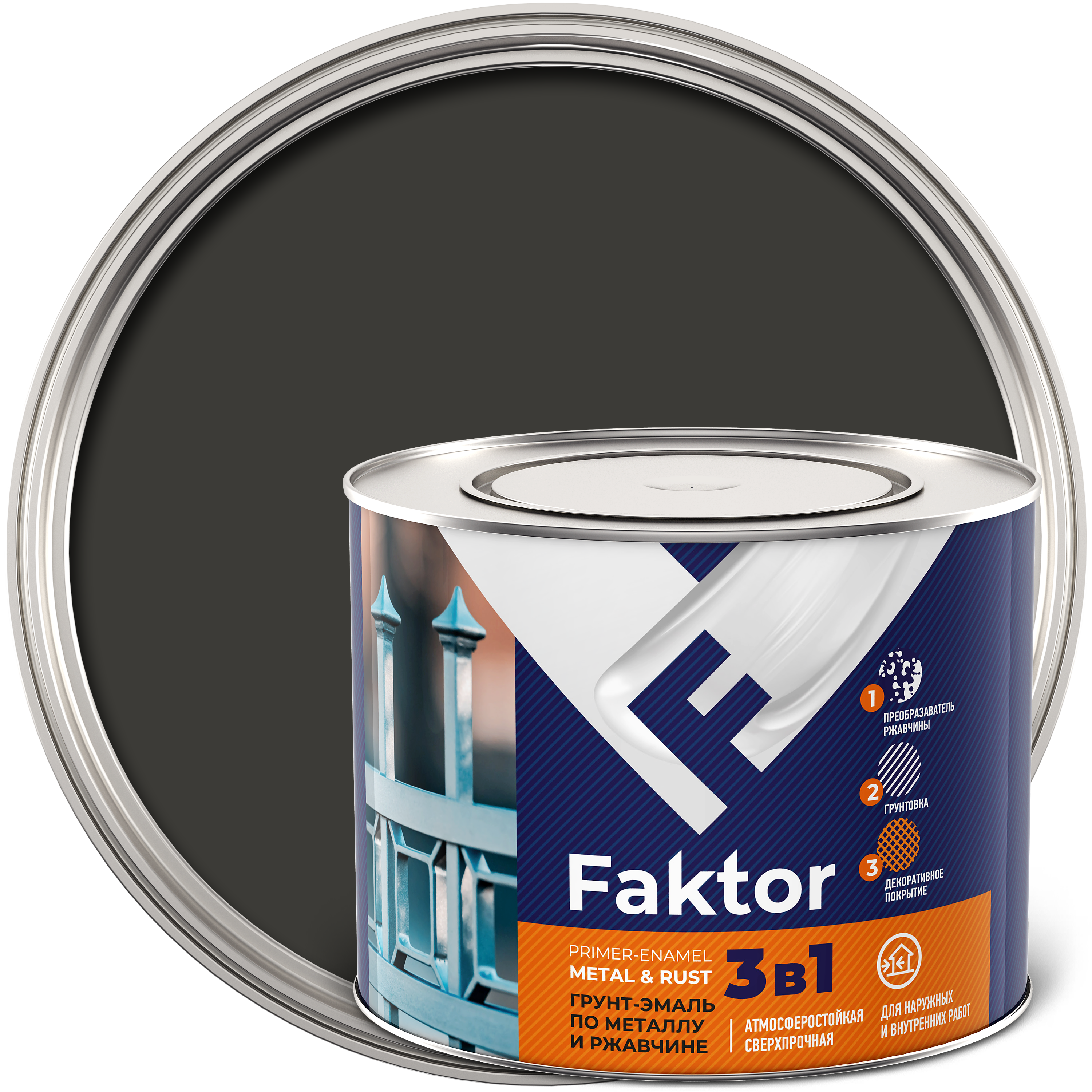 Грунт-эмаль FAKTOR на ржавчину 3 в 1 графитовая серая RAL 7024, банка 1,9 кг