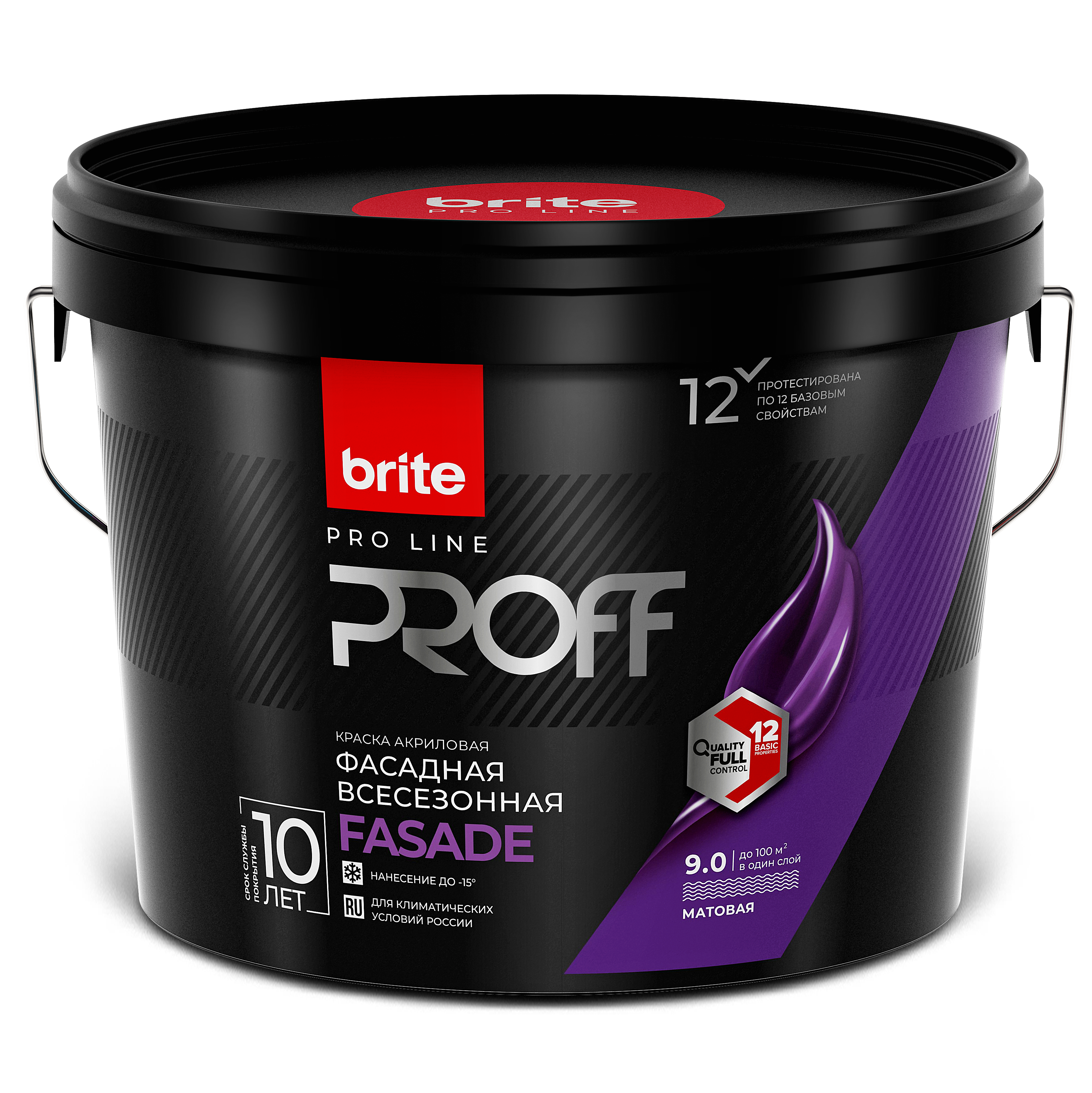 Краска BRITE PROFESSIONAL фасадная всесезонная белая матовая база А, ведро 9 л (О02486)