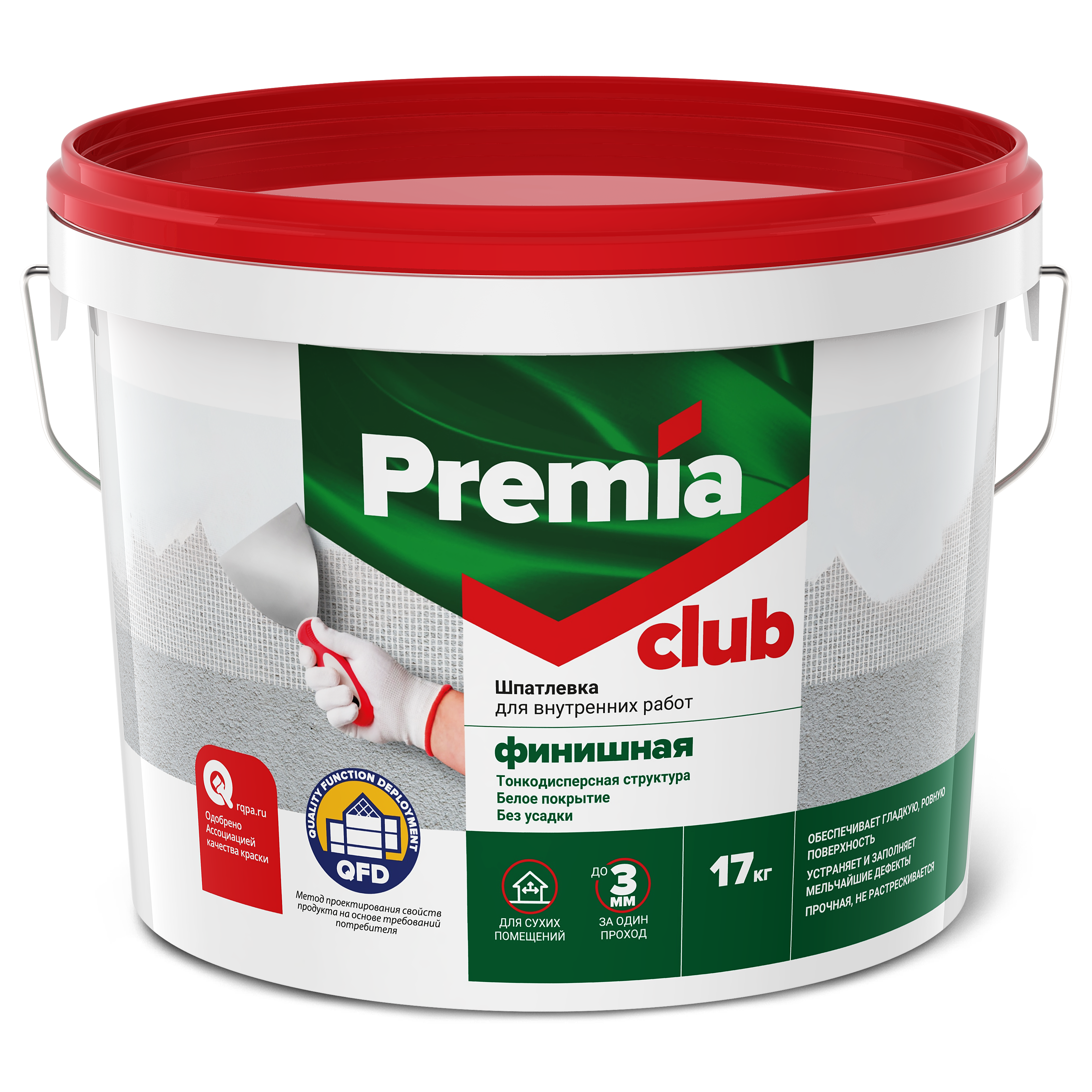 Шпатлевка PREMIA CLUB финишная для внутренних работ, Ведро 17 кг (О03950)